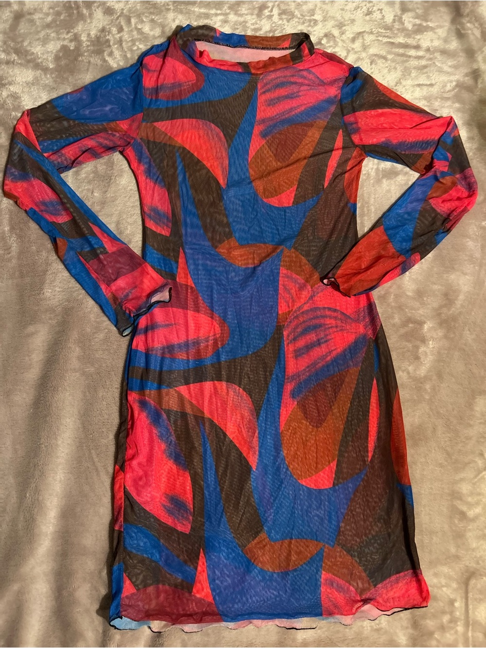 Mesh Long-Sleeve Swim Cover-Up Dress - Red & Blue